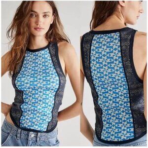 We The Free L  Blue Geometric Print Tank Top  Retro Boho Style Scoop Neckline